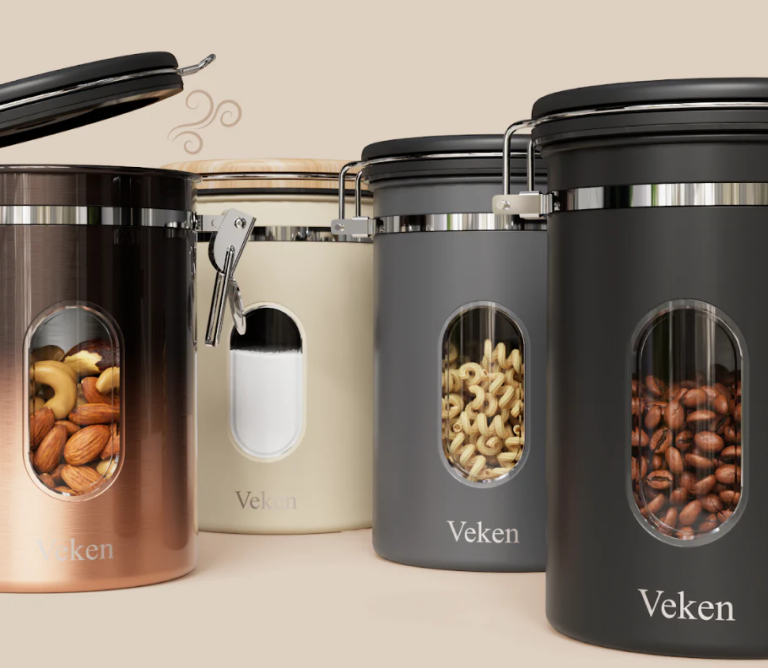 copper, white, grey, and black coffee canisters