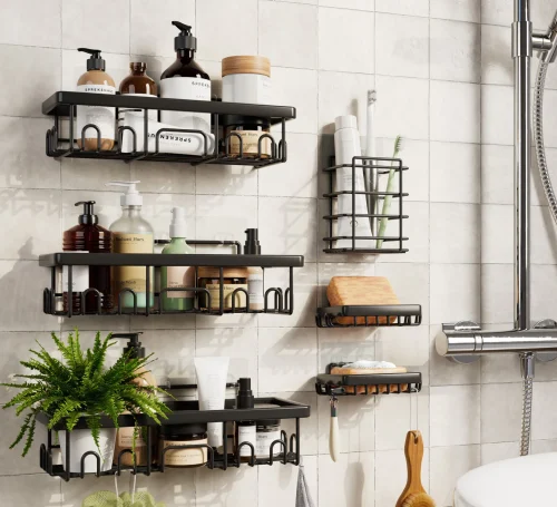 shower caddies on tile wall