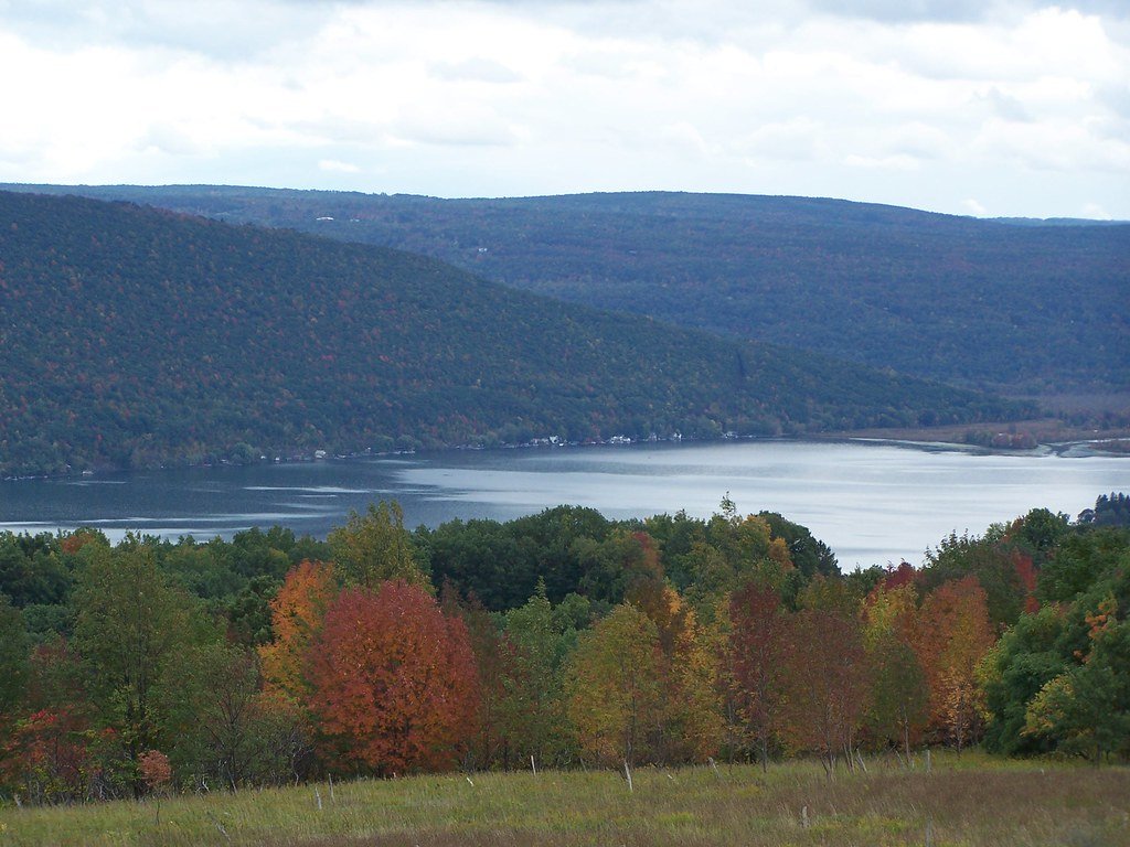 Image of a lake and trees in the fall time in Finger Lakes, New York for travel